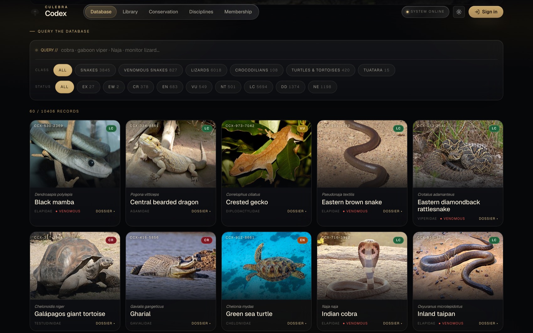 The Culebra Codex species database, filtered by class and IUCN status
